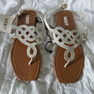 (J36) Mixit Tan and Silver Sandals with Intricate Design
